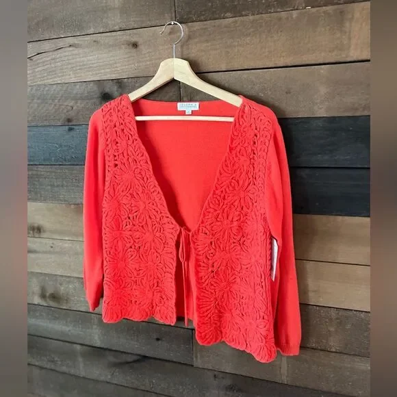 Joseph A Bright Orange Floral Tie Front Cardigan Sweater - Picture 6 of 10
